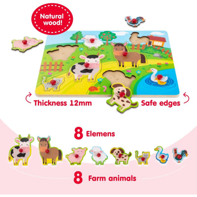 Puzzle lemn animale, educativ, de la 1 la 3 ani (Ferma), 8 piese Puzzle lemn animale, educativ, de la 1 la 3 ani (Ferma), 8 piese
